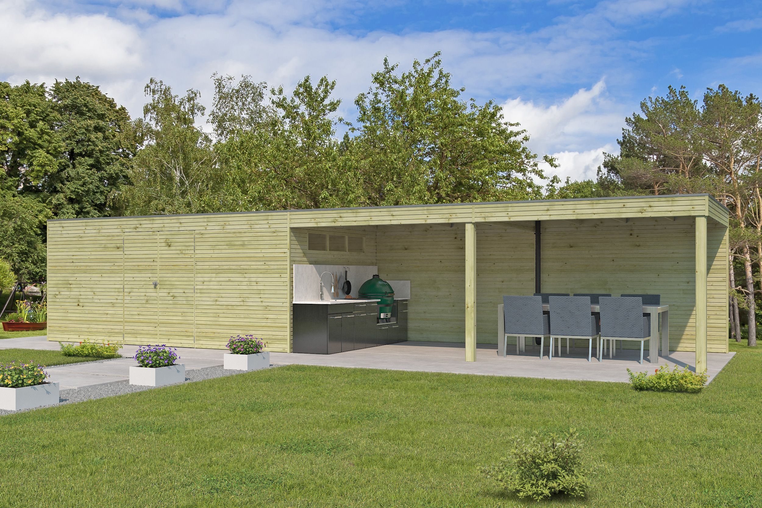 Rabatt: 26 % Holz-Hütte Modell QB-Line 15,30 m² + 600 cm Anbau Unkategorisiert online kaufen