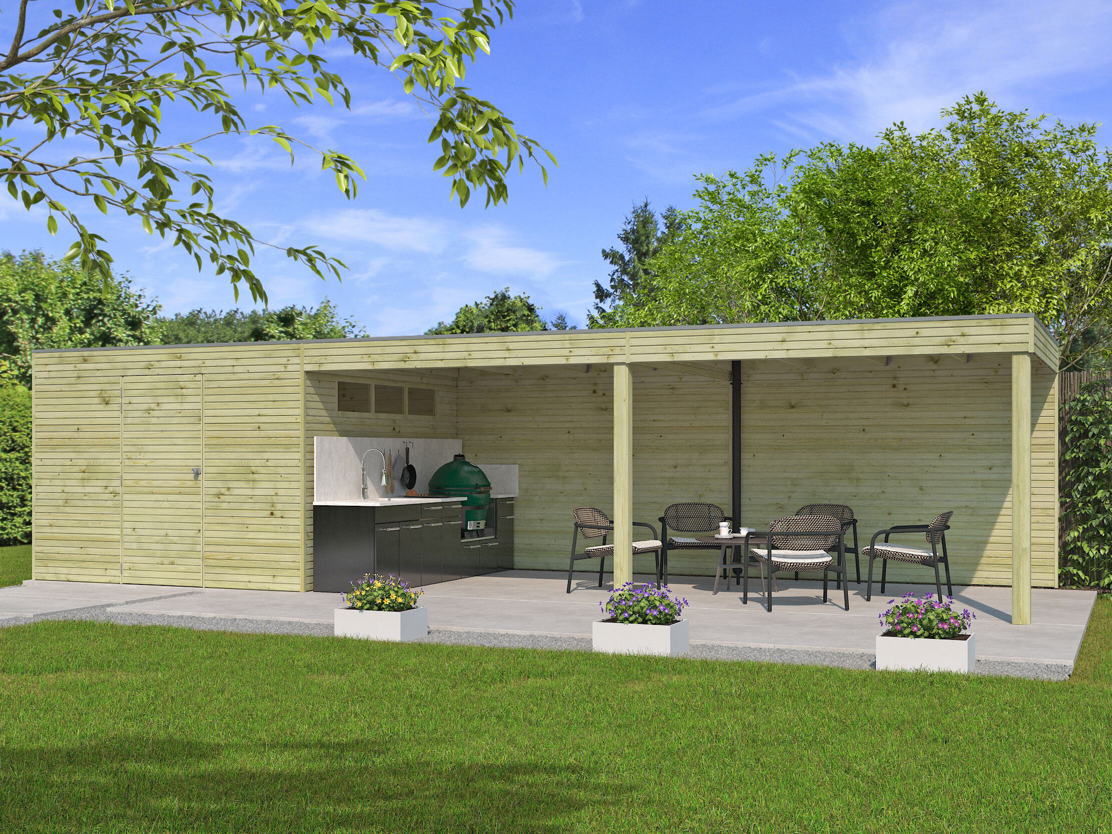 Rabatt: 26 % Holz-Hütte Modell QB-Line 9,00 m² + 600 cm Anbau Unkategorisiert online kaufen