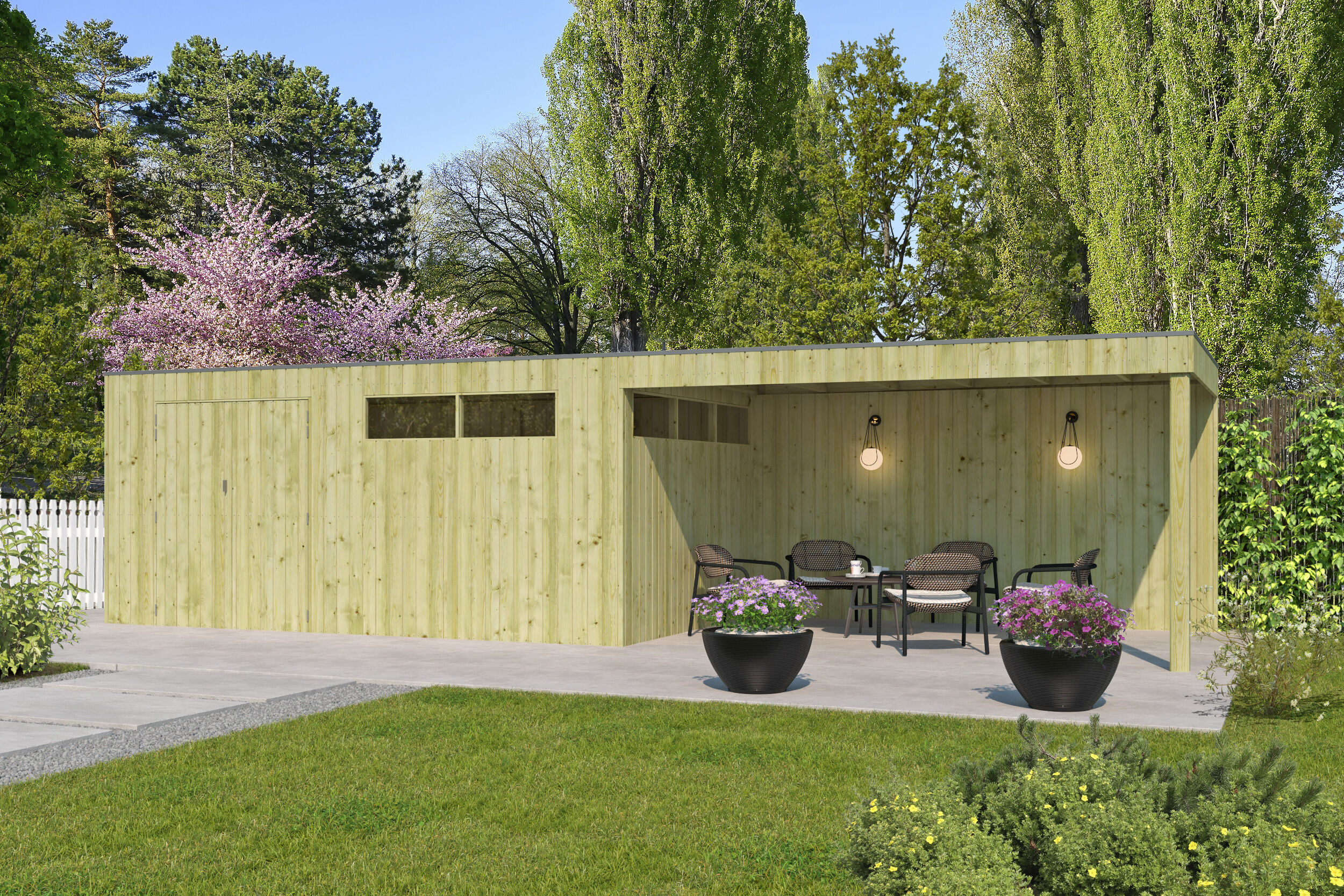 Rabatt: 26 % Holz-Hütte Modell QBV-Line 14,90 m² + 400 cm Anbau Unkategorisiert online kaufen