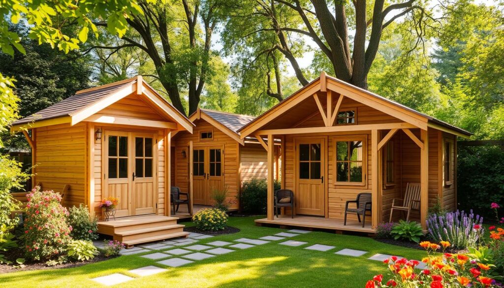 Verschiedene Holz-Gartenhäuser von Alpholz Verschiedene Holz-Gartenhäuser von Alpholz